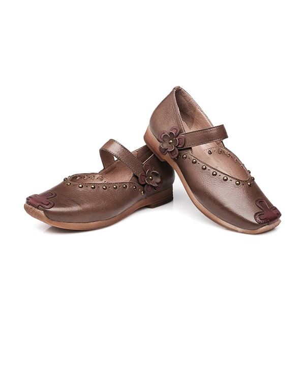 Dubbade Vintage Läder Square Head Flat Shoes