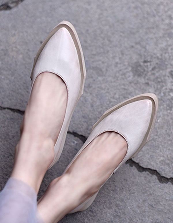 Handgjorda Retro Läder Flat Pointed Pumps