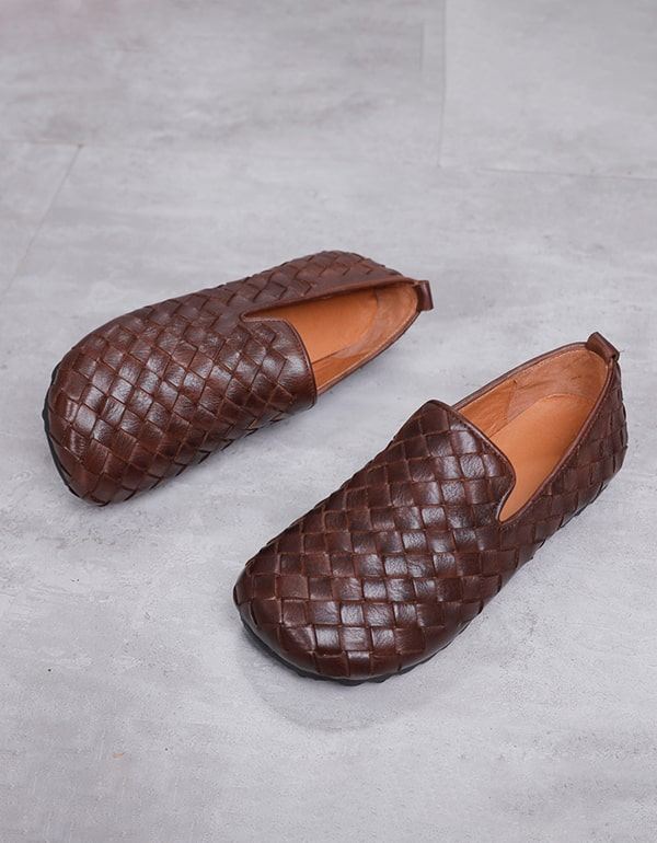 Kvinnor Läder Handgjorda Vävda Retro Flat Loafers