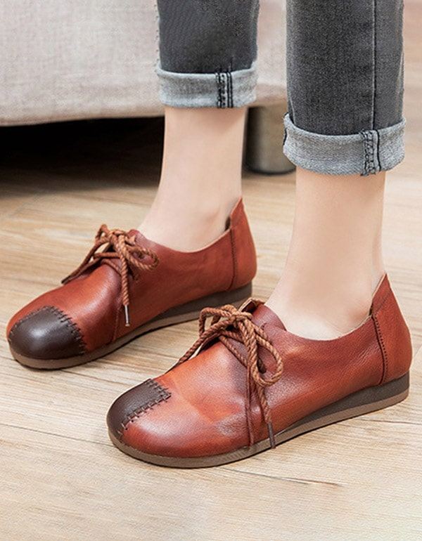 Läder Handgjorda Lace-up Patch Retro Flat Shoes