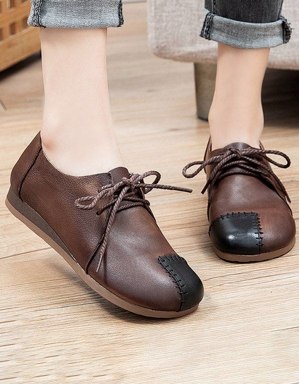 Läder Handgjorda Lace-up Patch Retro Flat Shoes