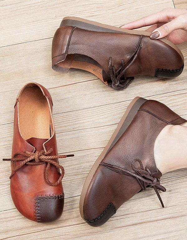 Läder Handgjorda Lace-up Patch Retro Flat Shoes