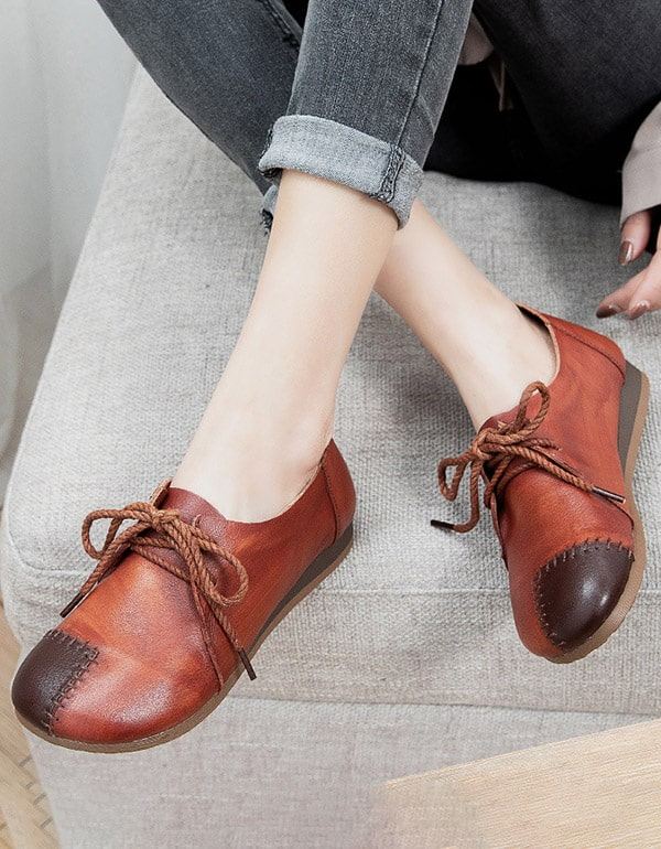 Läder Handgjorda Lace-up Patch Retro Flat Shoes