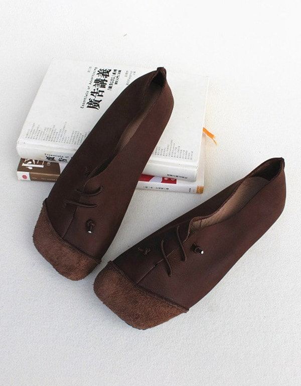 Leather Square Head Handgjorda Retro Flat Shoes