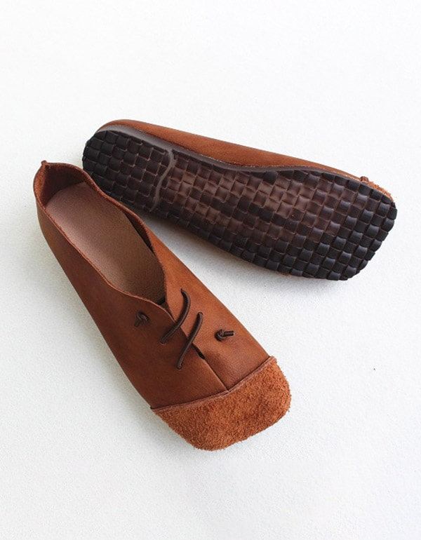 Leather Square Head Handgjorda Retro Flat Shoes