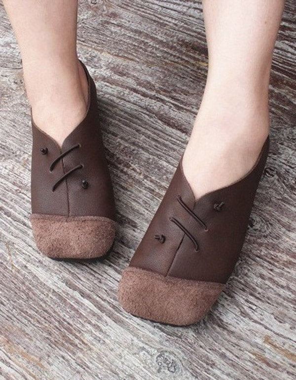 Leather Square Head Handgjorda Retro Flat Shoes