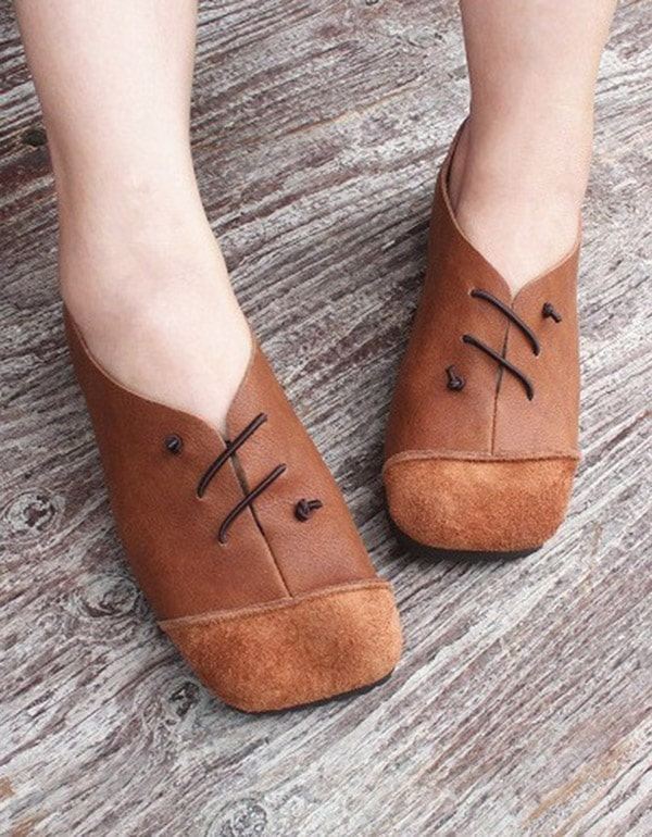 Leather Square Head Handgjorda Retro Flat Shoes