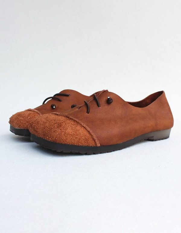 Leather Square Head Handgjorda Retro Flat Shoes