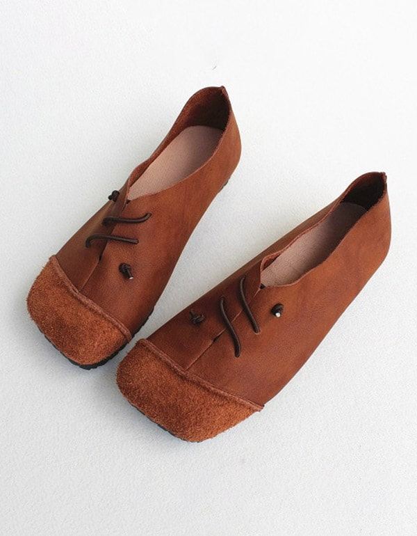 Leather Square Head Handgjorda Retro Flat Shoes