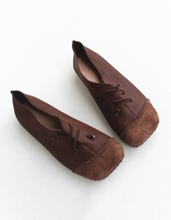 Leather Square Head Handgjorda Retro Flat Shoes