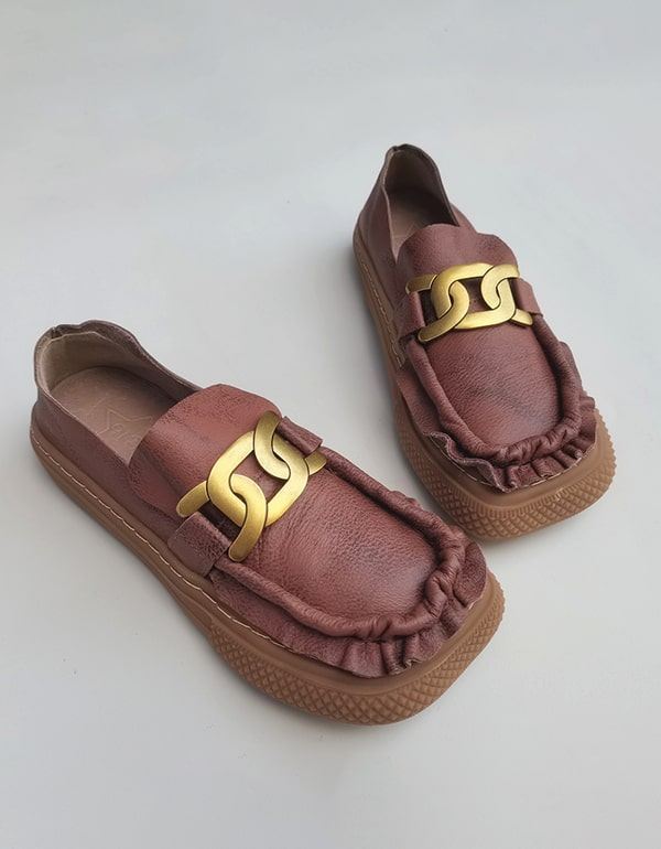 Metallkedja Mjukt Läder Retro Bekväma Loafers