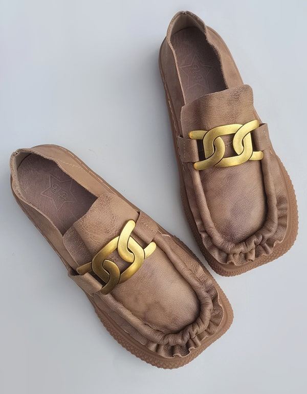 Metallkedja Mjukt Läder Retro Bekväma Loafers