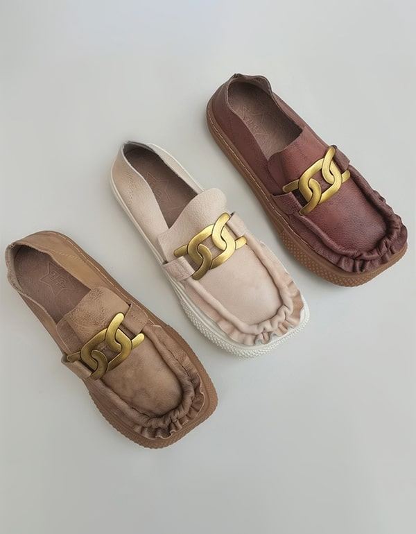 Metallkedja Mjukt Läder Retro Bekväma Loafers