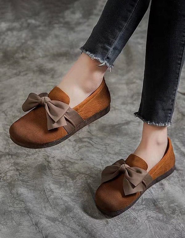 Mjukt Läder Round Head Bowknot Retro Flat Shoes