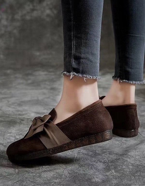 Mjukt Läder Round Head Bowknot Retro Flat Shoes