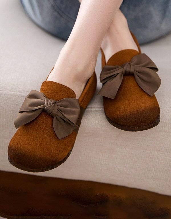 Mjukt Läder Round Head Bowknot Retro Flat Shoes