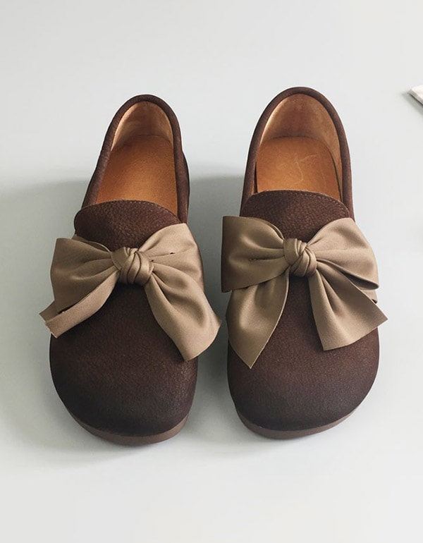 Mjukt Läder Round Head Bowknot Retro Flat Shoes