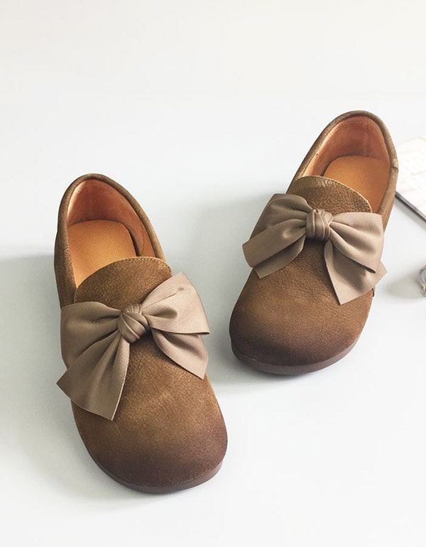 Mjukt Läder Round Head Bowknot Retro Flat Shoes