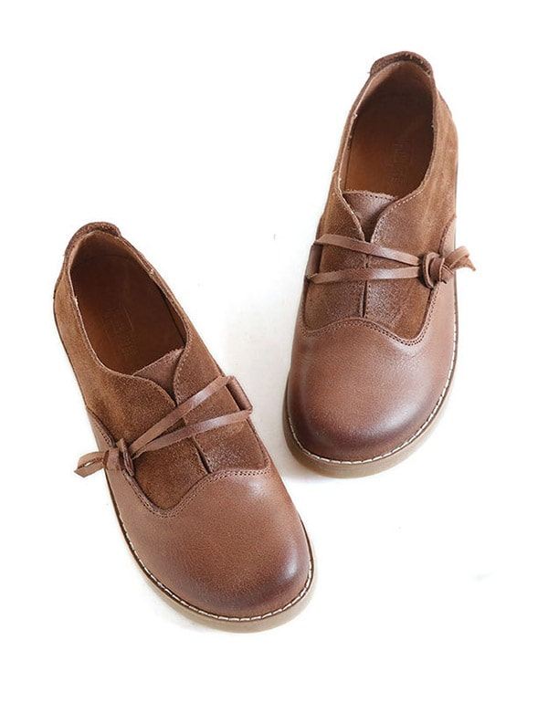 Round Head Handgjorda Läder Retro Flat Shoes