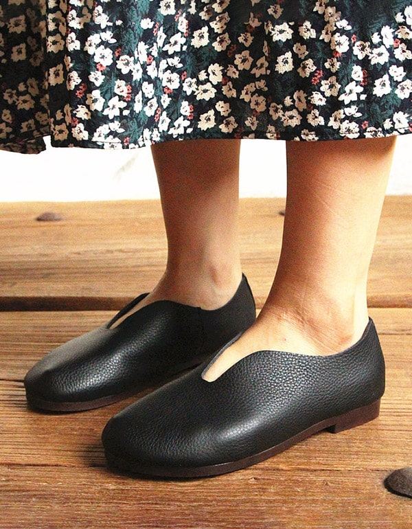 Round Head Mjukt Läder Retro Flat Shoes