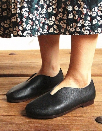 Round Head Mjukt Läder Retro Flat Shoes