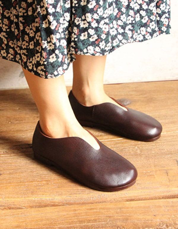 Round Head Mjukt Läder Retro Flat Shoes