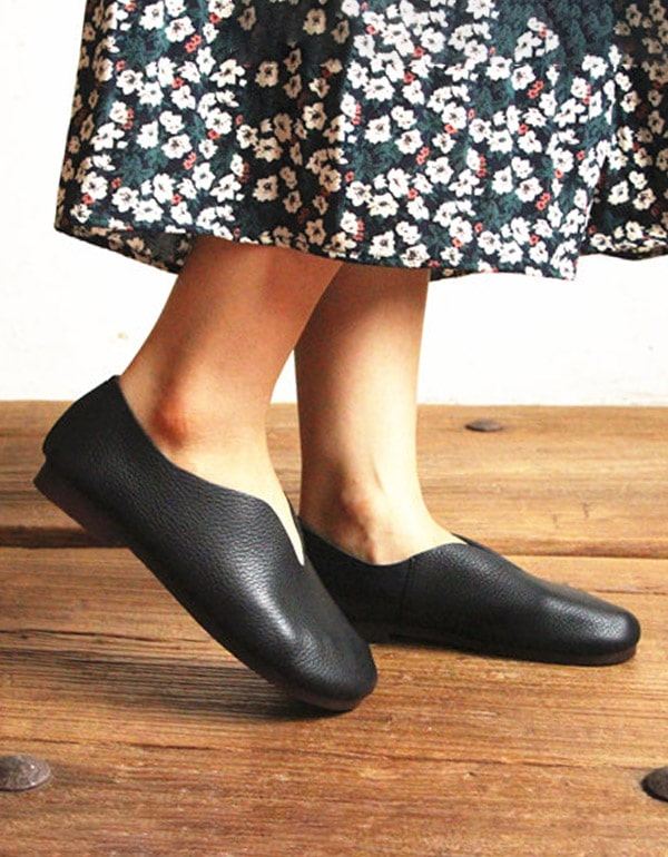 Round Head Mjukt Läder Retro Flat Shoes