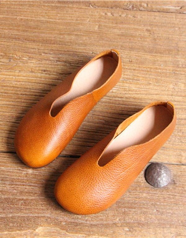 Round Head Mjukt Läder Retro Flat Shoes