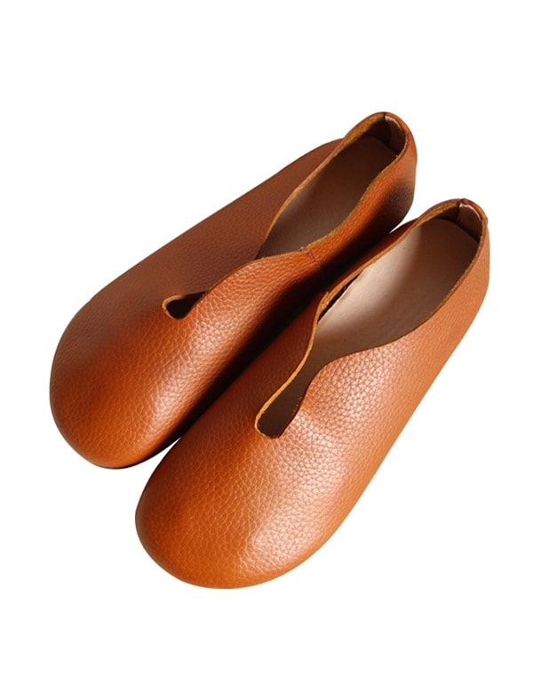 Round Head Mjukt Läder Retro Flat Shoes