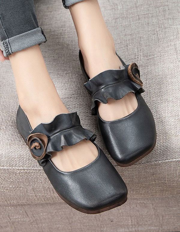 Square Head Handgjorda Retro Flat Shoes