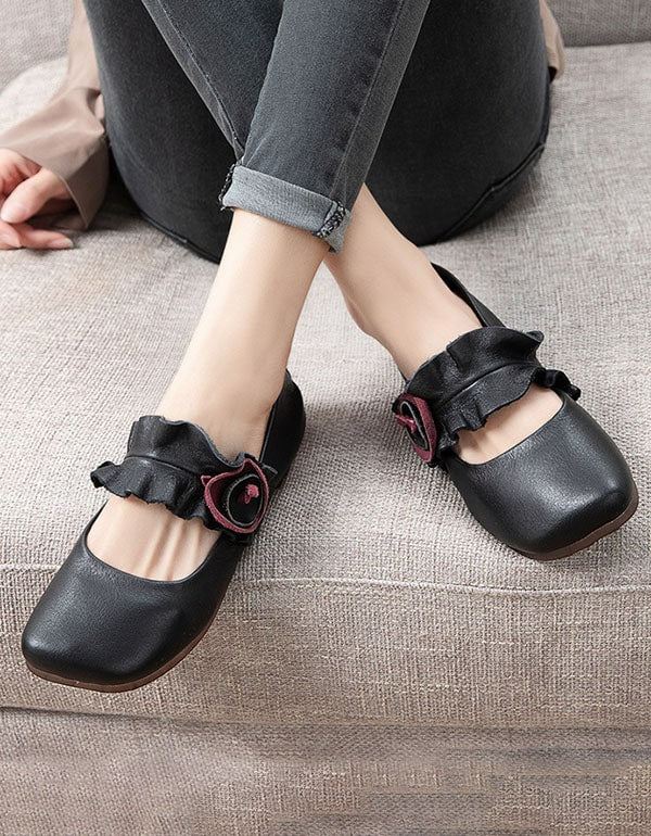 Square Head Handgjorda Retro Flat Shoes