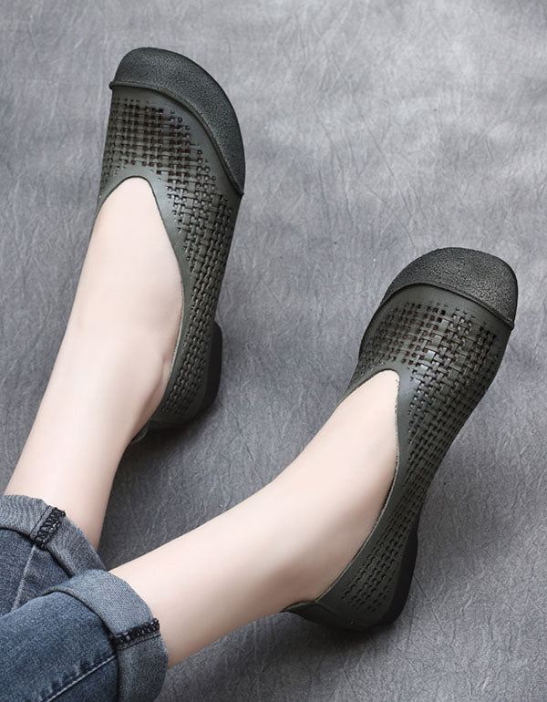 Summer Leather Hollow Perforated Retro Platta Skor