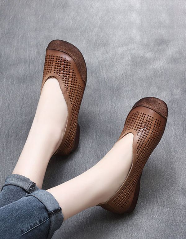 Summer Leather Hollow Perforated Retro Platta Skor