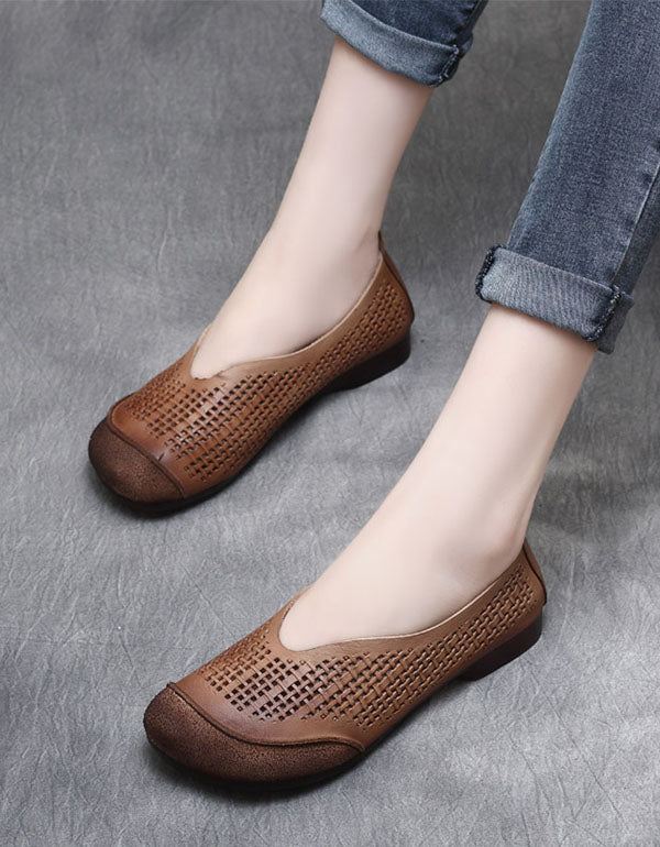 Summer Leather Hollow Perforated Retro Platta Skor