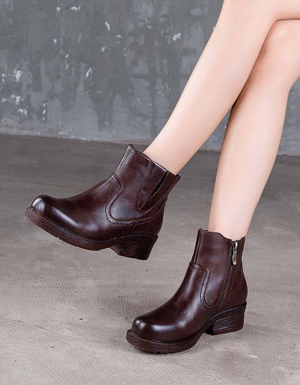 Handgjorda Retro Läder Chunky Heel Boots