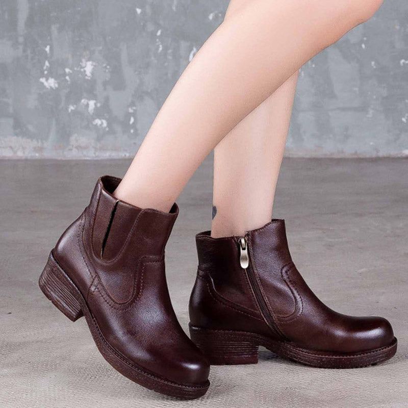 Handgjorda Retro Läder Chunky Heel Boots