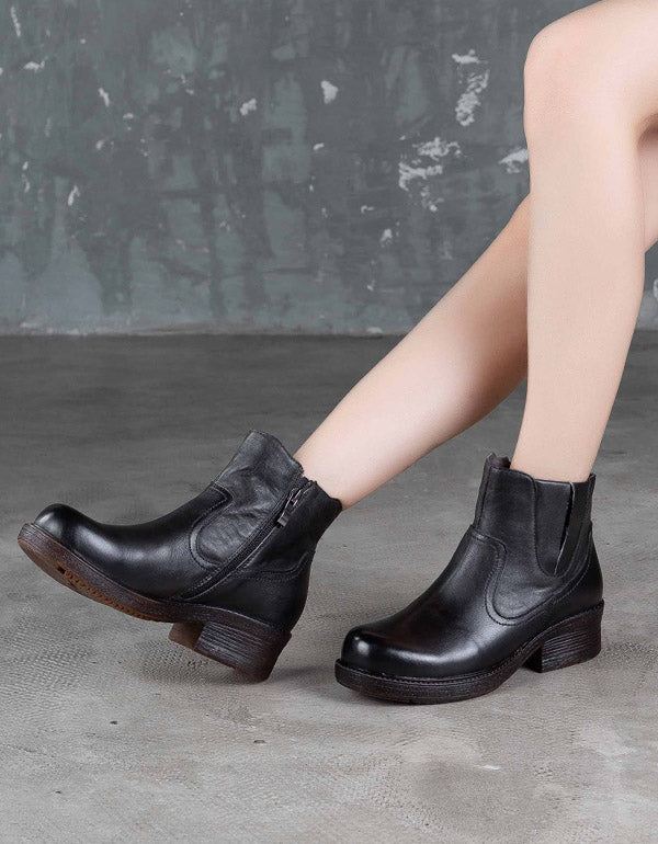 Handgjorda Retro Läder Chunky Heel Boots