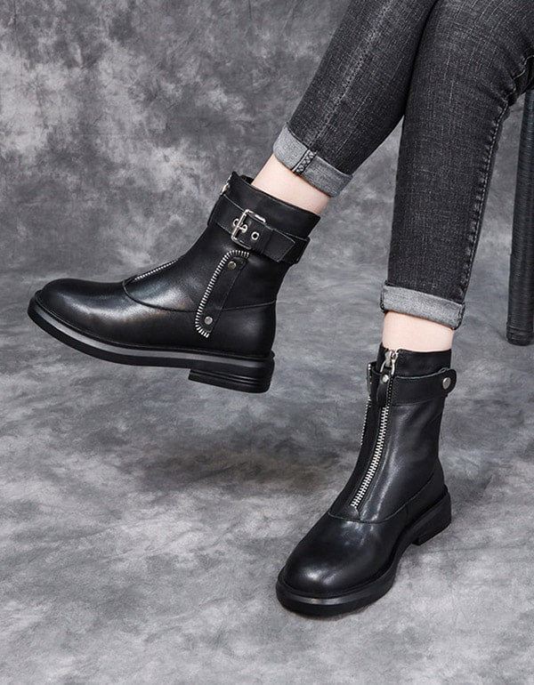 Höst Vinter Läder Zipper Punk Boots Svart