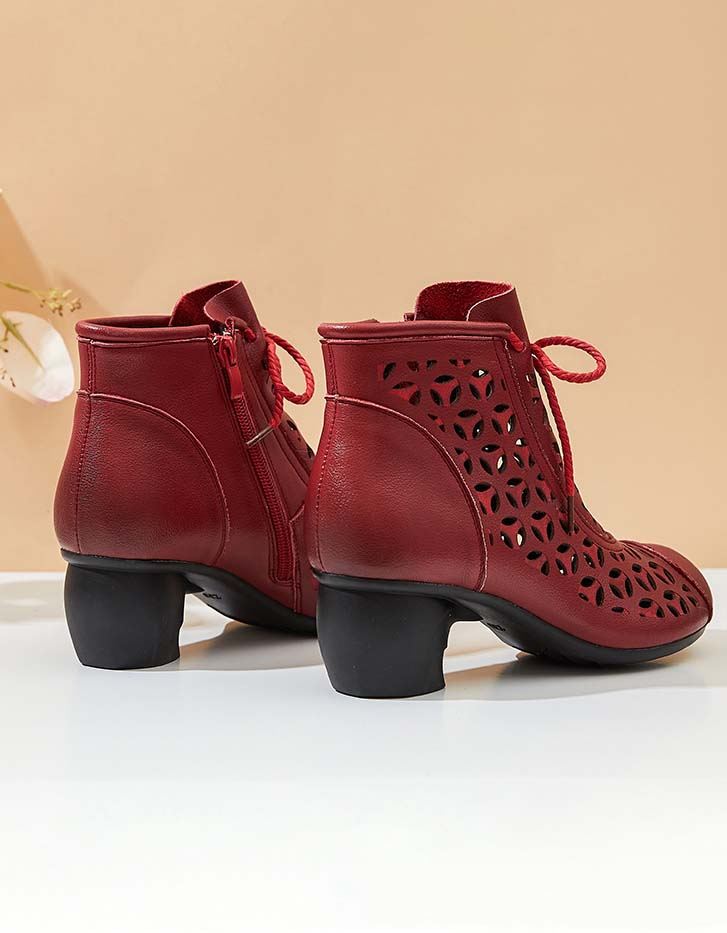 Våren Handgjorda Retro Hollow Ankel Chunky Boots