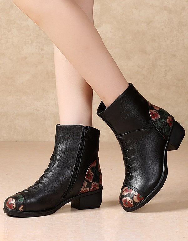 Blommigt Tryckta Plysch Retro Chunky Boots