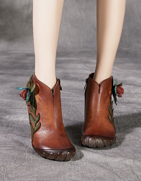 Handgjorda Retro Elegant Flower Chunky Boots