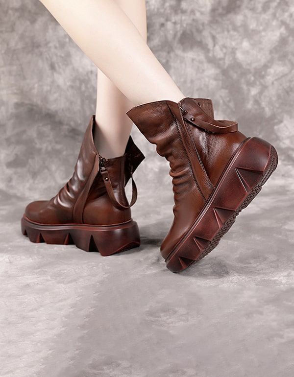 Handgjorda Retro Läder Dubbla Zipper Gear Booties