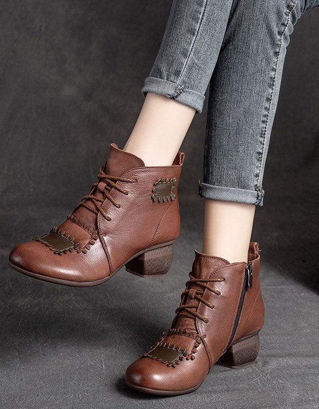 Handgjorda Retro Läder Patch Chunky Boots