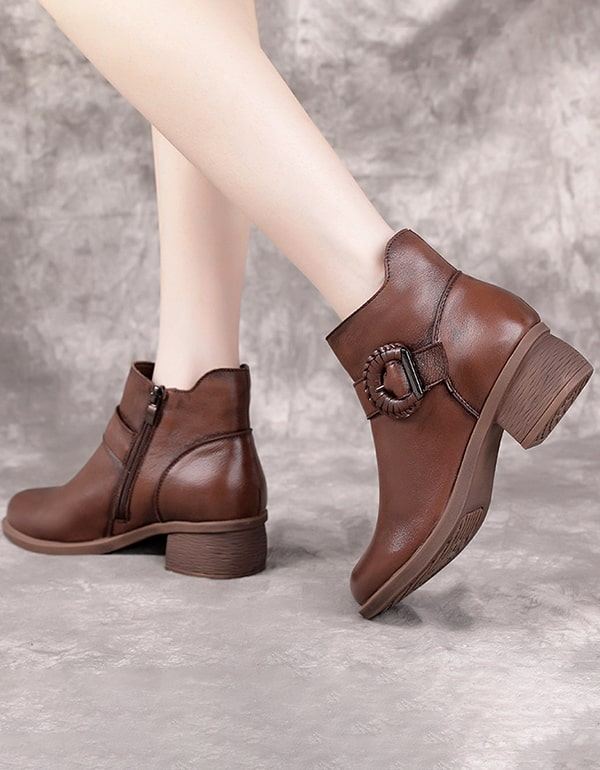 Handgjorda Spänne Chunky Heel Retro Short Boots