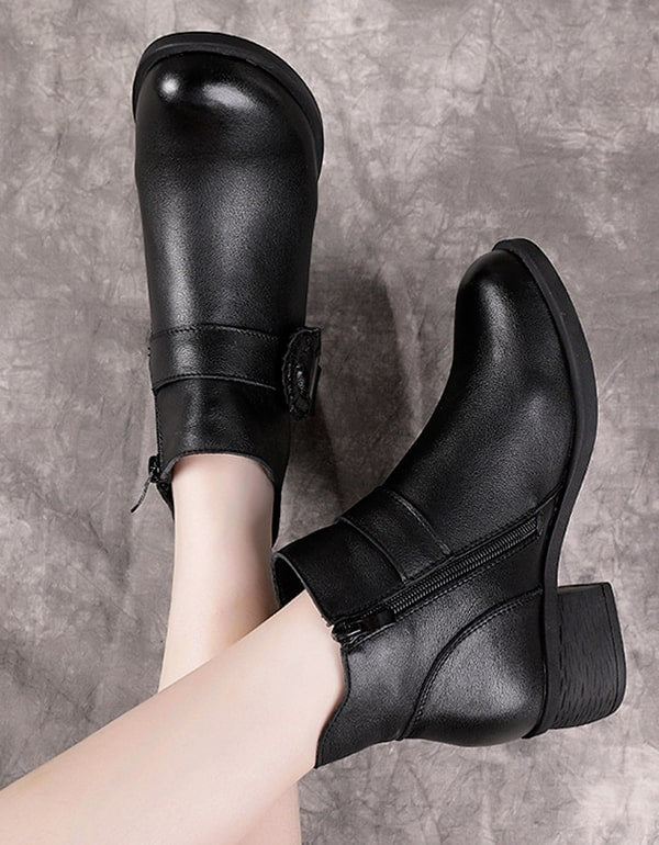 Handgjorda Spänne Chunky Heel Retro Short Boots