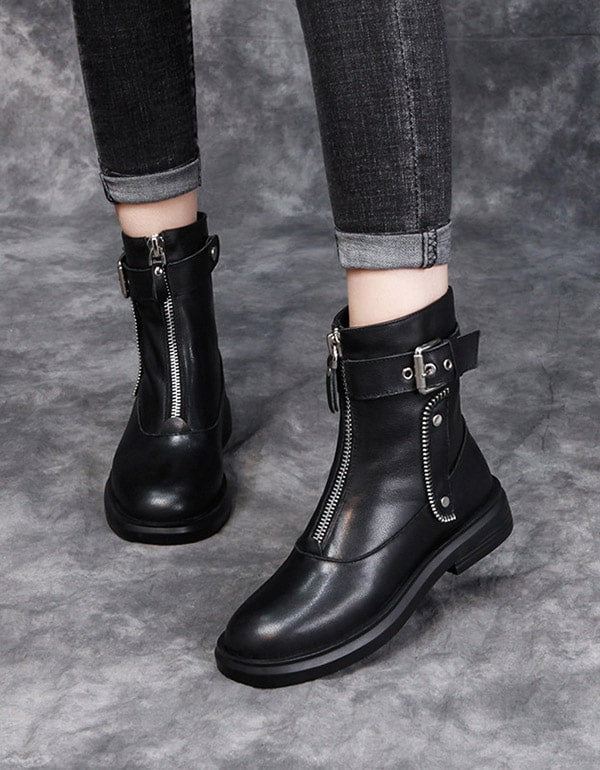 Höst Vinter Läder Zipper Punk Boots Svart