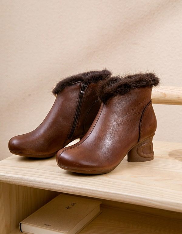 Vinterplysch Retro Läder Eleganta Chunky Boots