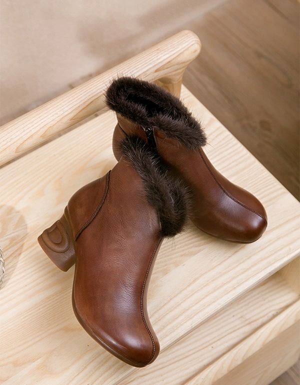 Vinterplysch Retro Läder Eleganta Chunky Boots