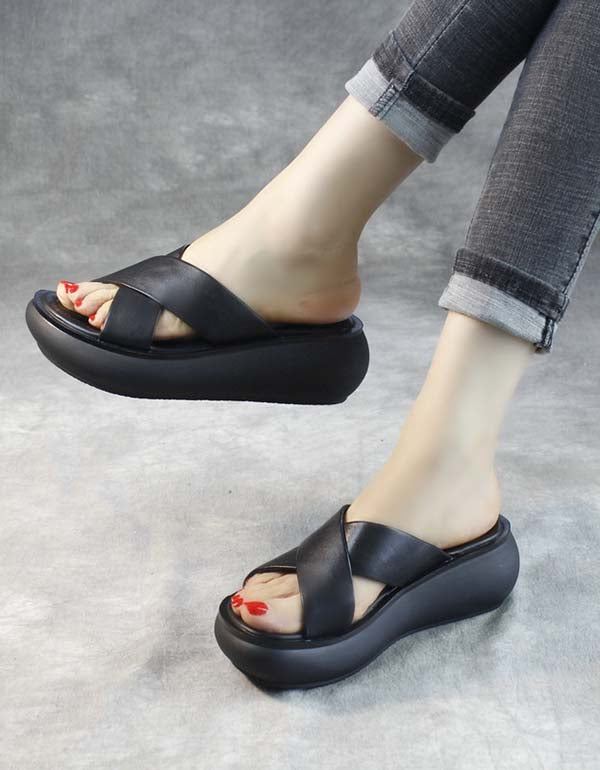 Handgjorda Retro Cross Strap Wedge Tofflor