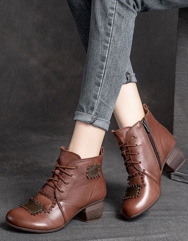 Handgjorda Retro Läder Patch Chunky Boots